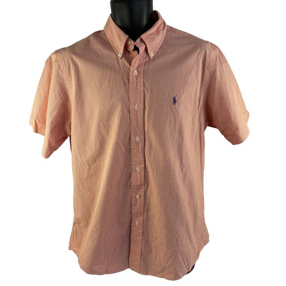 Mens Ralph Lauren Short Sleeve Button Down Shirt Size Large Gingham Check Orange - Picture 6 of 7